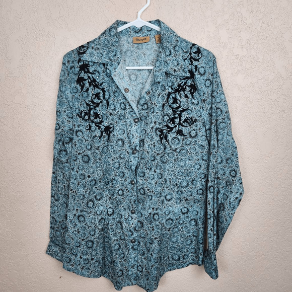 Wrangler VTG Green Black Mandala Print Snap Button Shirt M (4487) - Picture 1 of 6
